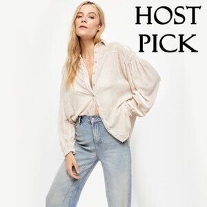 Free People Cream Oversized Button-Front Blouse